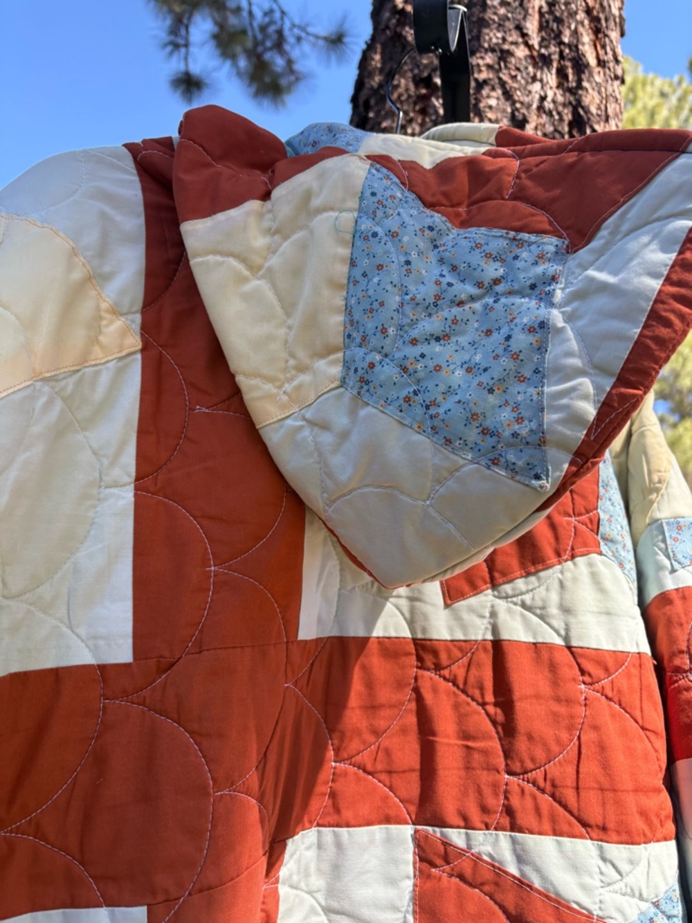 Patchwork Quilted Jacket in Rust, Cream & Light Blue,Size 1x - Picture 7 of 11